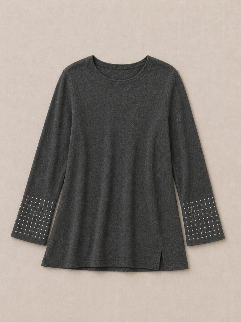 NIC+ZOE Gray Stud Sleeve Tunic Top Size M Soft Knit Long Sleeve